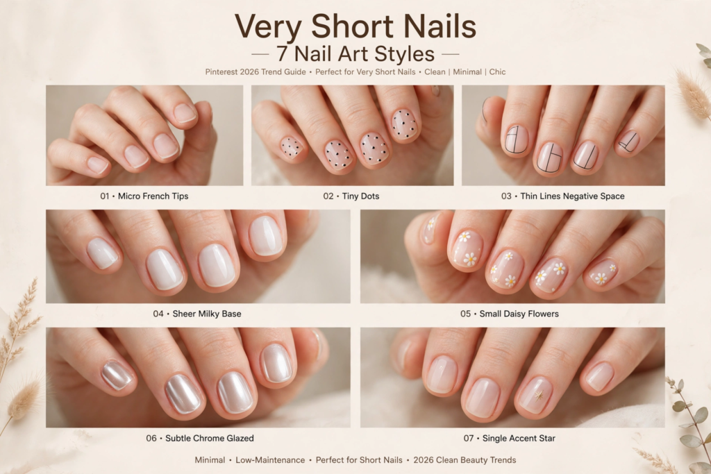 Collage of seven minimalist nail art ideas for very short nails, showcasing micro French tips, tiny dots, negative space lines, sheer milky polish, daisies, glazed chrome, and an accent star.   