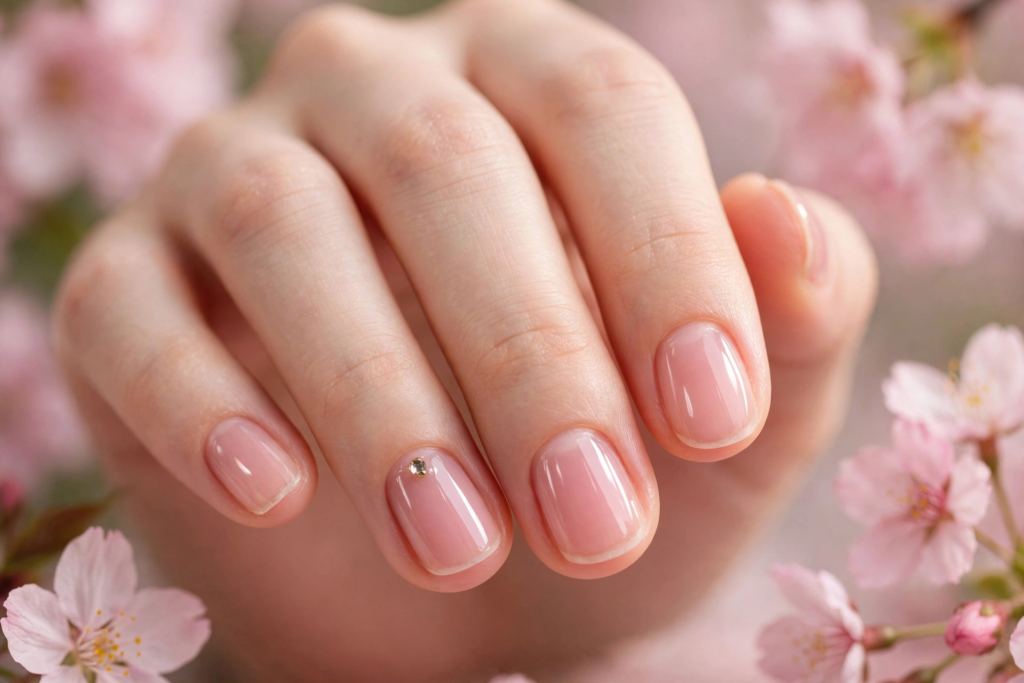 A close-up of a neatly manicured hand featuring sheer glossy pink polish and a tiny rhinestone accent, highlighting minimalist nail art ideas for very short nails against soft cherry blossoms.