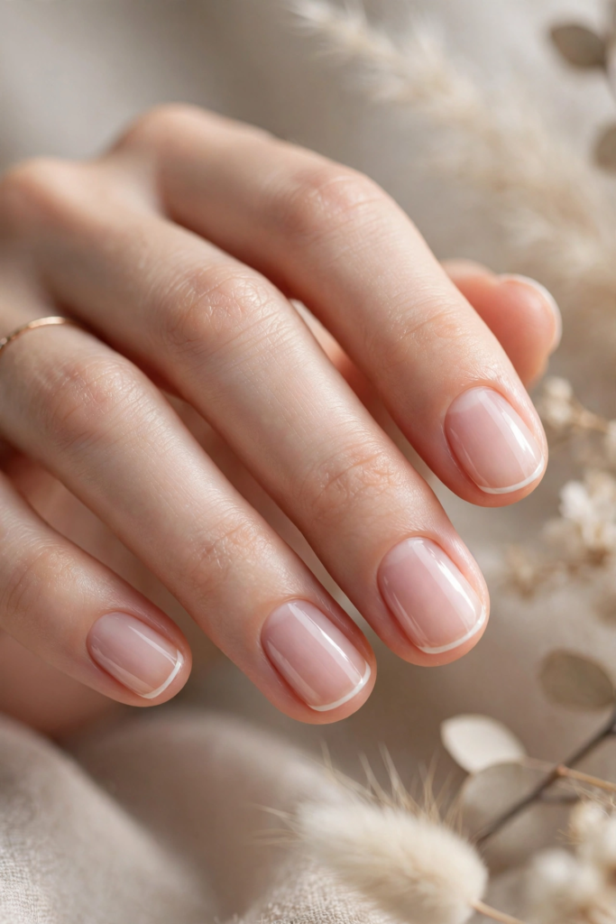 A close-up view of a manicured hand with clean micro French tips on a sheer glossy pink base, showcasing elegant nail art ideas for very short nails.   