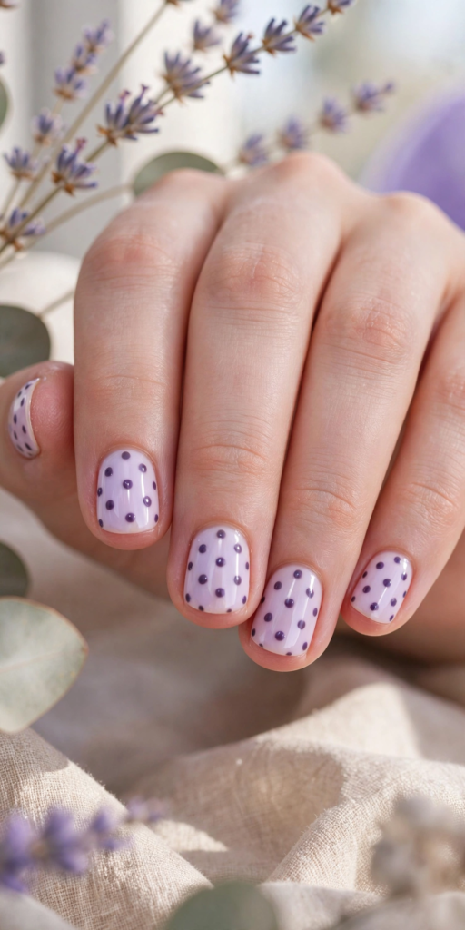 A close-up view of hands featuring lavender polka dot nail art ideas for very short nails, set against soft dried lavender stems.