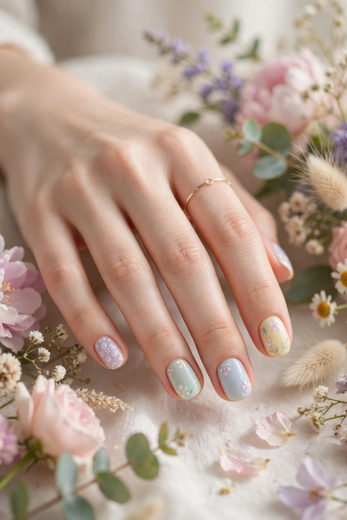 Woman's hand resting on floral decor, showcasing floral nail art ideas for very short nails in pastel shades of mint green, baby blue, yellow, and lavender.