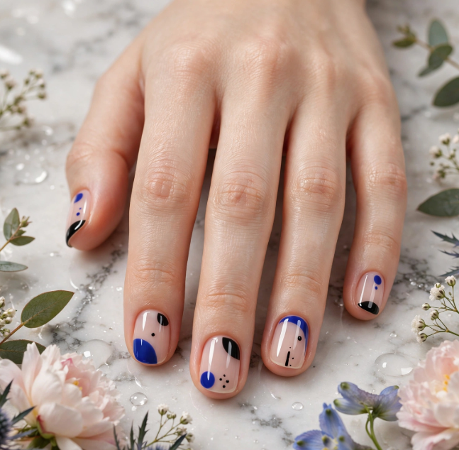 A woman's hand showcasing modern abstract nail art ideas for very short nails, featuring minimalist royal blue, black shapes, and delicate dots over a sheer nude glossy base against a floral marble backdrop.