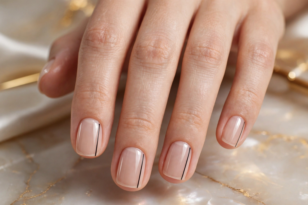 A neatly manicured hand featuring a sheer glossy nude base with a single vertical black pinstripe on each finger, showcasing minimalist nail art ideas for very short nails.   