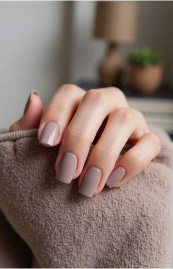 35 Short Nail Designs That Make Your Fingers Look Longer A close-up of short, square nails finished in a glossy greige taupe polish, serving as one of the short nail designs that make your fingers look longer.