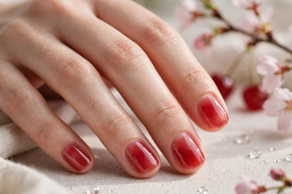 A close-up view of a hand displaying glossy, translucent cherry red jelly nails, showcasing elegant nail art ideas for very short nails against delicate floral blossoms.