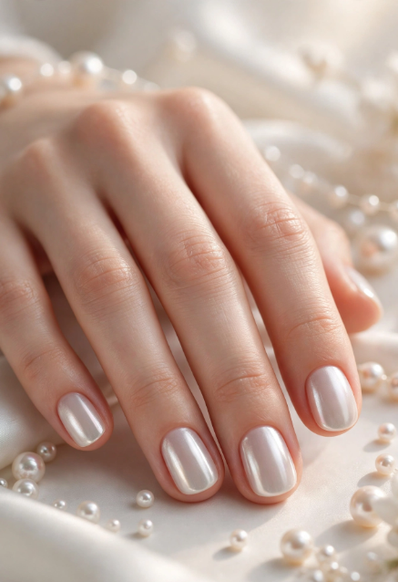 A close-up view of a woman's hand showcasing pearlescent glazed chrome nail art ideas for very short nails, elegantly posed over soft silk and draped pearl beads.   
