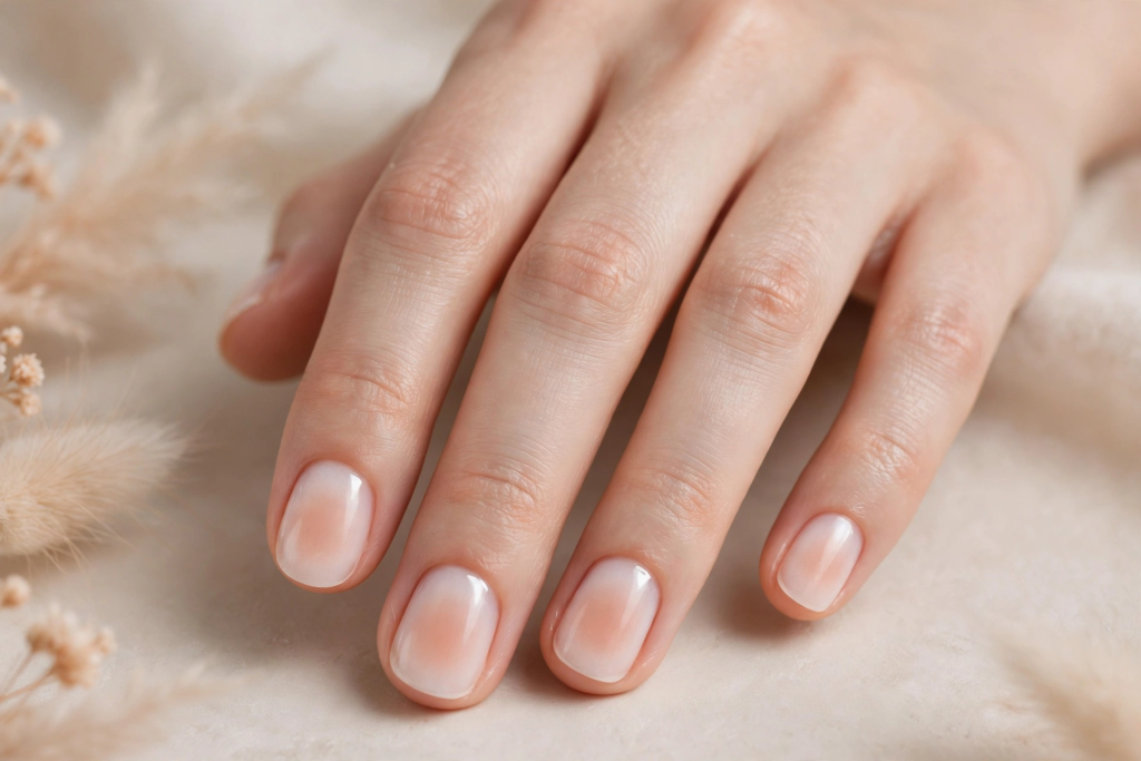 A close-up view of a woman's hand featuring soft milky white ombre blush manicure, highlighting minimalist nail art ideas for very short nails against dried floral decor.   