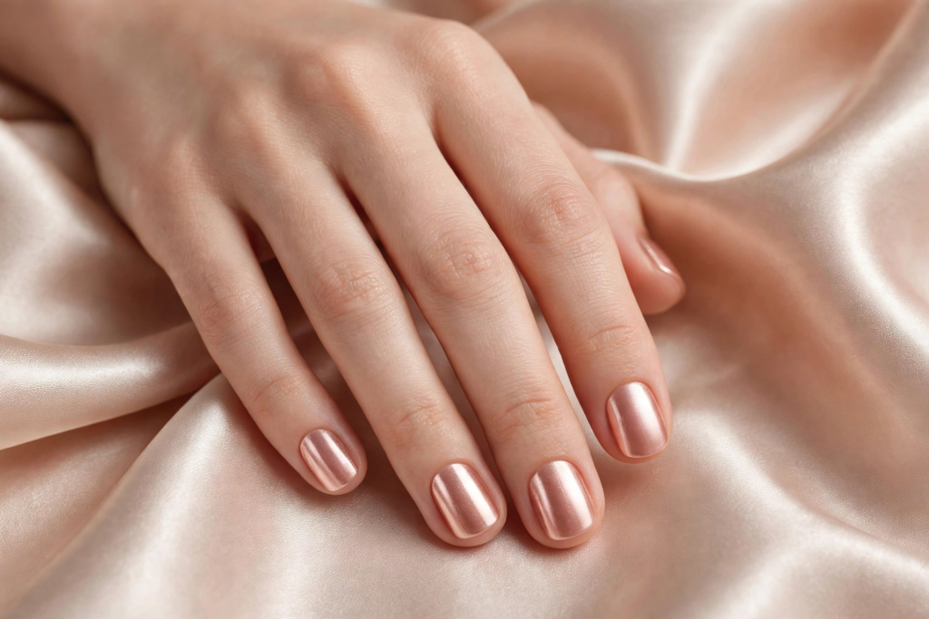 A close-up view of a hand displaying soft metallic rose gold chrome polish on neat manicured nails, showcasing chic nail art ideas for very short nails resting against glossy champagne silk fabric.   