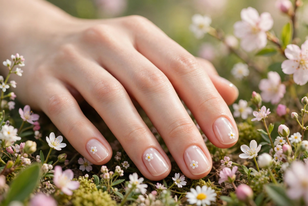 A close-up shot of a hand resting over blooming garden blossoms, featuring dainty white daisy accents on a sheer glossy nude base, highlighting floral nail art ideas for very short nails.   