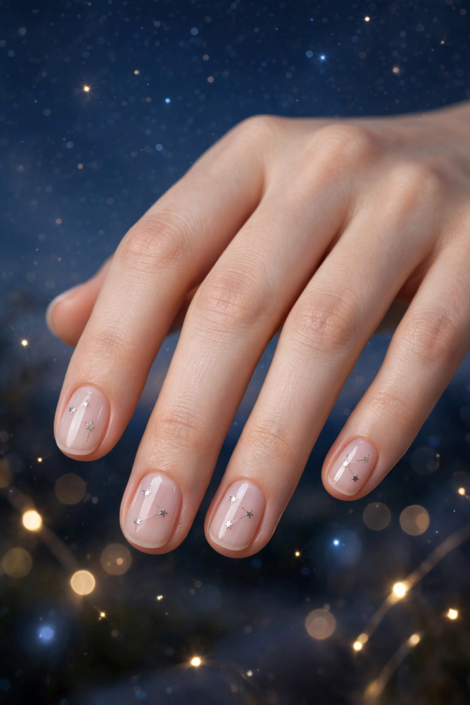 A close-up shot of a hand showcasing celestial constellation and silver star motifs on a glossy sheer nude base, featuring delicate nail art ideas for very short nails against a dreamy starry night background.   