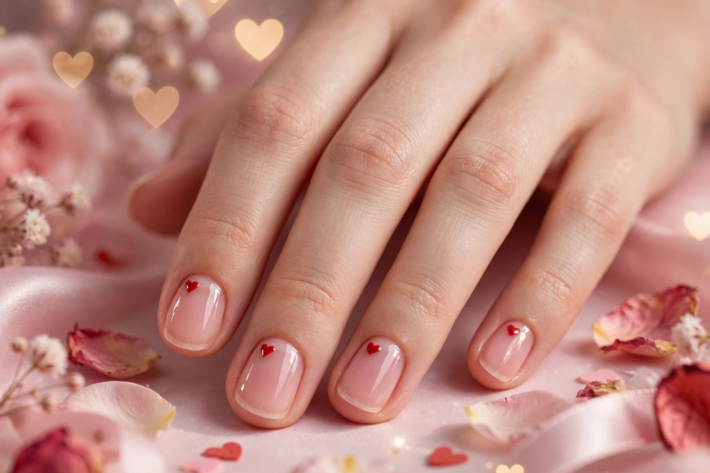 A close-up view of a woman's hand showcasing tiny red heart accents on a glossy sheer nude manicure, highlighting romantic nail art ideas for very short nails against soft pink rose petals and baby's breath.   