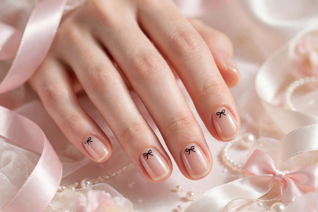 A close-up view of a woman's hand showcasing coquette-style black ribbon bow accents on glossy nude polish, highlighting trendy nail art ideas for very short nails against soft pink silk ribbons and pearls.   