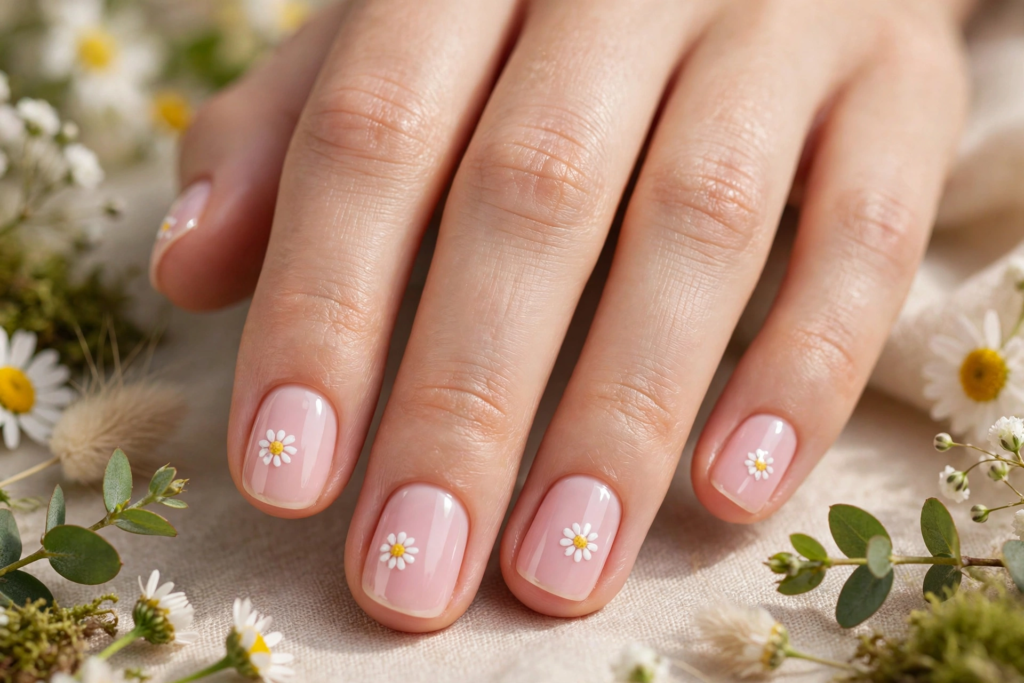 A close-up view of a hand displaying delicate white daisy floral accents on a sheer pink glossy base, showcasing fresh nail art ideas for very short nails nestled among chamomile flowers and greenery.   
