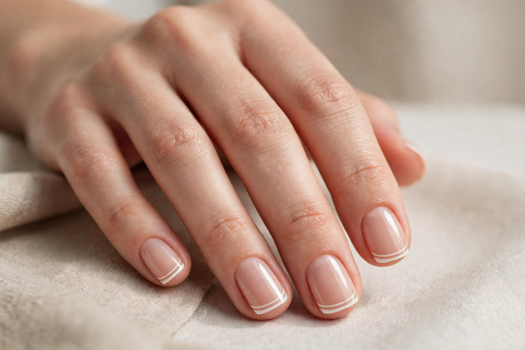 A close-up view of a hand displaying delicate white daisy floral accents on a sheer pink glossy base, showcasing fresh nail art ideas for very short nails nestled among chamomile flowers and greenery.   