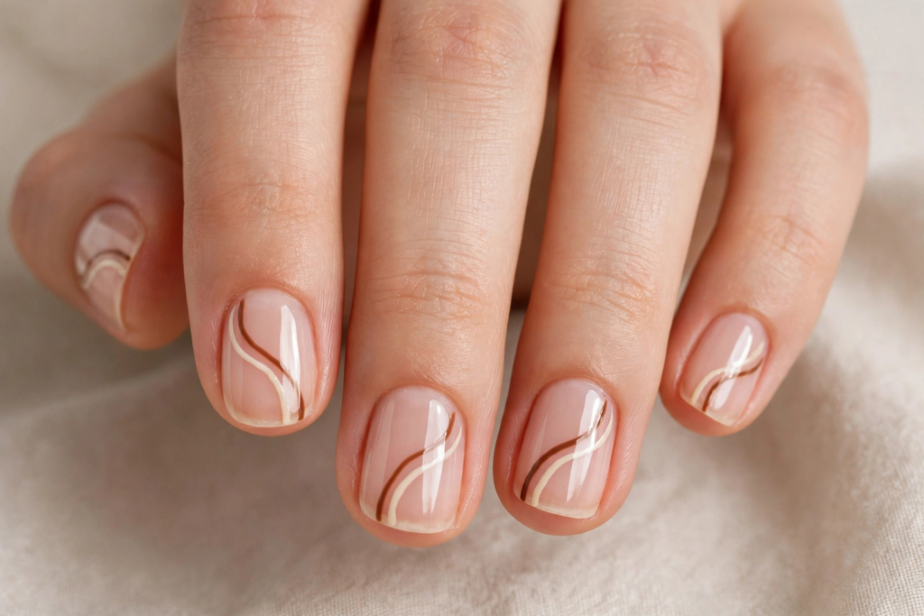 A close-up view of a woman's hand showcasing double white micro French line tips on a glossy sheer nude base, highlighting minimalist nail art ideas for very short nails resting on beige linen fabric.   