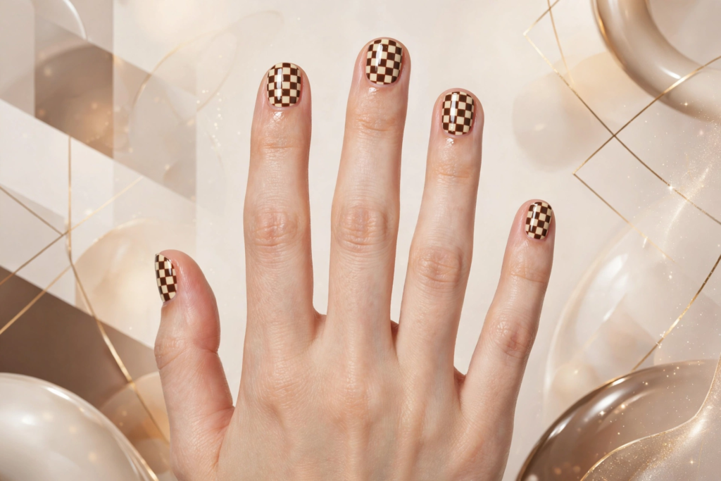 A woman's hand showcasing trendy brown and cream checkered print nail art ideas for very short nails against a modern neutral geometric background.   
