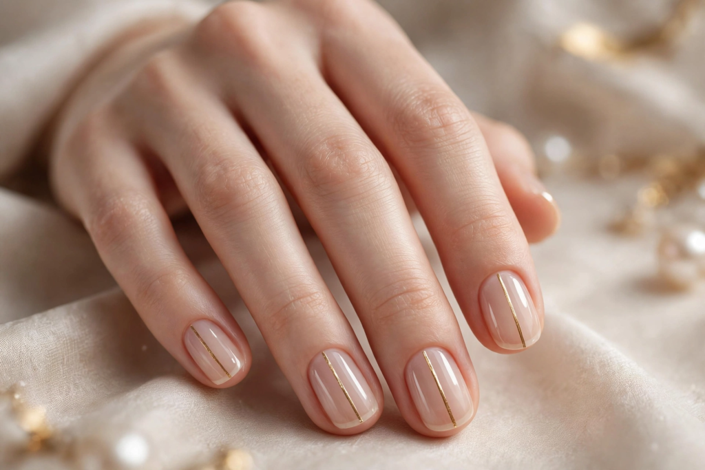 A close-up view of a woman's hand showcasing minimalist metallic gold stripe accents over a glossy sheer nude manicure, highlighting elegant nail art ideas for very short nails against soft fabric and gold jewelry decor.   