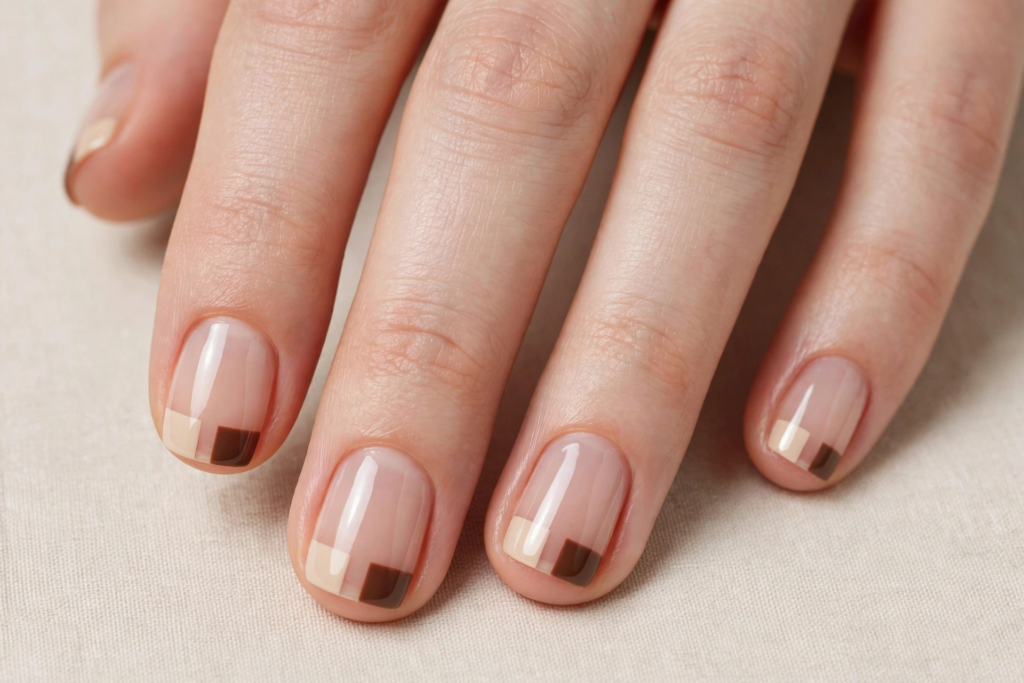 A close-up shot of a hand showcasing modern neutral color-block French tips in beige and deep espresso brown over a sheer glossy base, presenting minimalist nail art ideas for very short nails against a soft textured fabric background.   