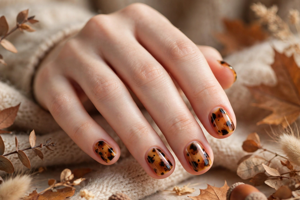 A close-up view of a hand showcasing glossy amber tortoise shell print nail art ideas for very short nails, resting against a cozy knit sweater surrounded by dried autumn leaves and acorns.   