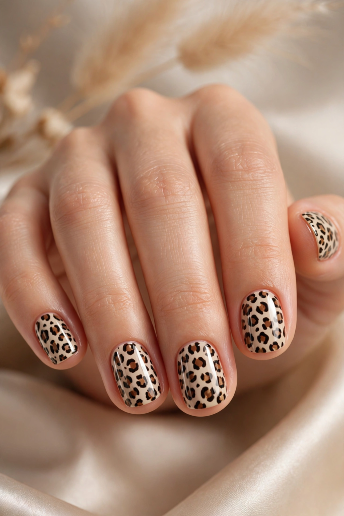 A close-up view of a woman's hand showcasing trendy leopard print nail art ideas for very short nails, resting against soft champagne silk fabric.   