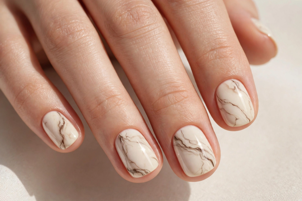 A close-up view of a woman's hand showcasing elegant white and brown marble print nail art ideas for very short nails against a soft neutral fabric background.   