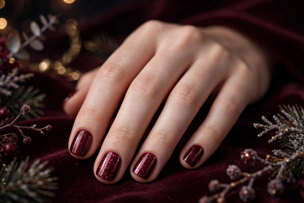 A close-up view of a woman's hand showcasing sparkling deep burgundy glitter polish, highlighting festive nail art ideas for very short nails against a dark velvet background with pine needles and holiday lights.   