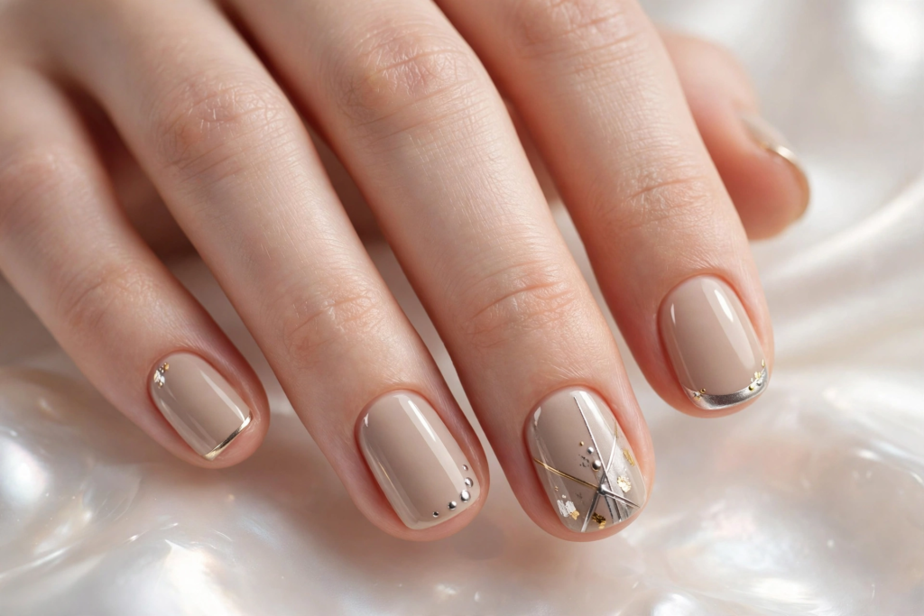A close-up shot of a hand showcasing glossy beige-taupe nails with metallic silver micro French tips, delicate gold striping, and rhinestone accents, highlighting sophisticated nail art ideas for very short nails over iridescent silk fabric.   