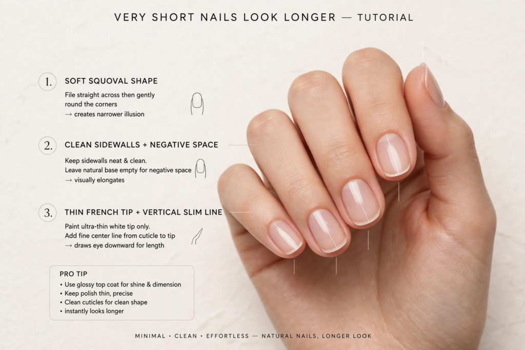 A step-by-step tutorial infographic showcasing manicure techniques and nail art ideas for very short nails to create the illusion of longer natural nails, featuring a soft squoval shape, negative space, and thin French tips.   