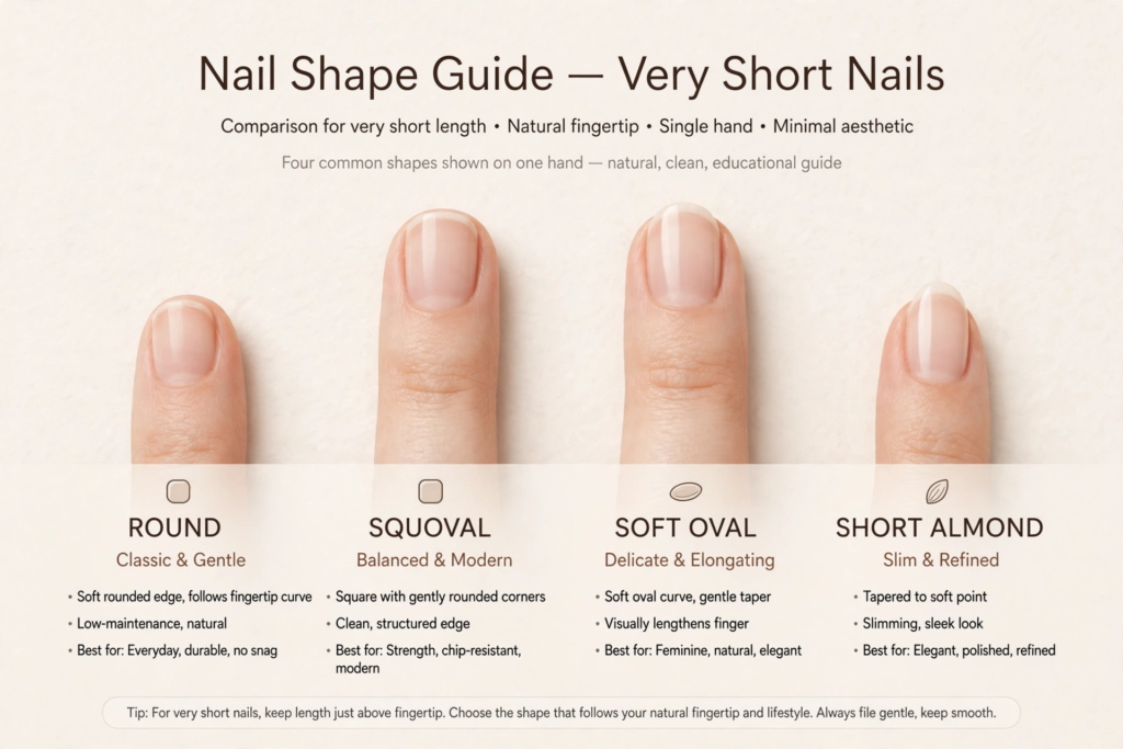 A nail shape guide infographic comparing four manicured shapes—round, squoval, soft oval, and short almond—illustrating flattering styling and nail art ideas for very short nails.   