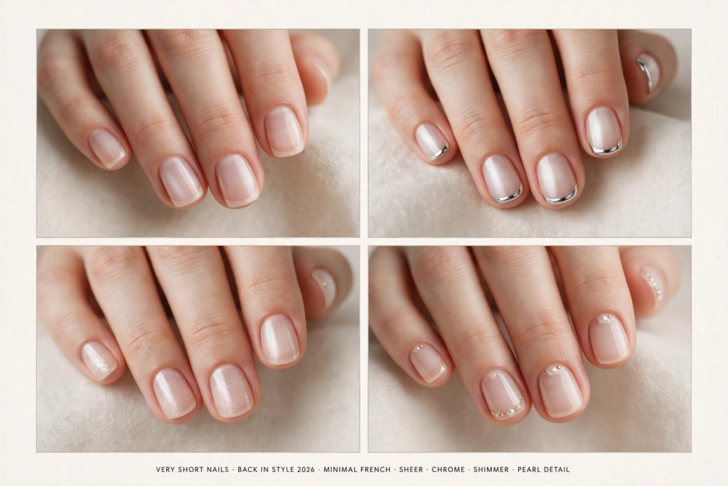 A four-panel collage showcasing minimalist nail art ideas for very short nails, featuring a sheer natural base, metallic chrome French tips, soft fine shimmer, and delicate pearl cuticle accents.   