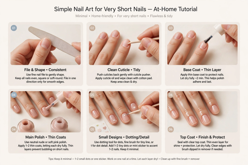 A step-by-step at-home infographic tutorial showing filing, cuticle care, base application, and dotting details, offering simple nail art ideas for very short nails.   