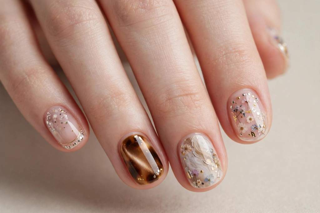 A close-up view of a woman's hand showcasing an eclectic mix-and-match manicure with dried floral accents, gold glitter cuff details, marble swirls, and an amber cat-eye nail, highlighting creative nail art ideas for very short nails against a neutral linen background.   