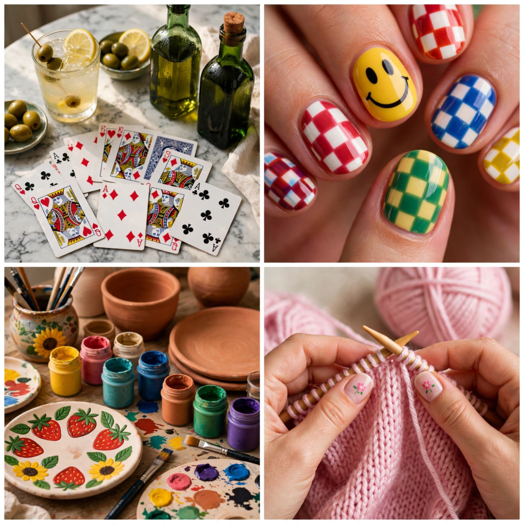 Four-panel collage showing analog crafts to do instead of scrolling, including playing card games with drinks, hand-painted checkerboard and smiley nail art, painting clay pottery plates, and knitting pink yarn.