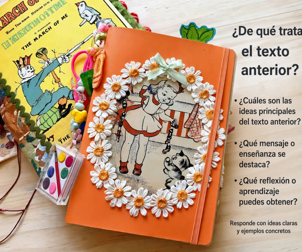 An orange journal decorated with daisy trim and a vintage illustration next to craft supplies, presenting analog crafts to do instead of scrolling.   