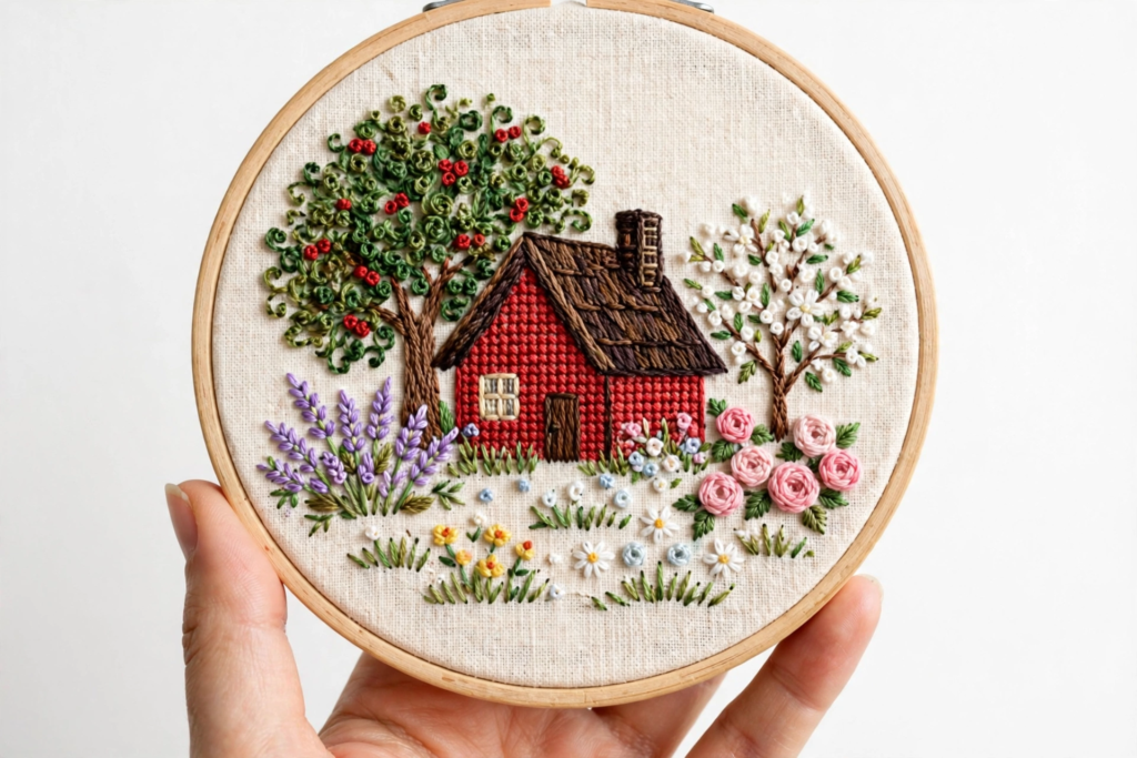 Hand holding a wooden hoop with hand-embroidered red cottage, blossoming trees, and floral garden, showcasing analog crafts to do instead of scrolling.   