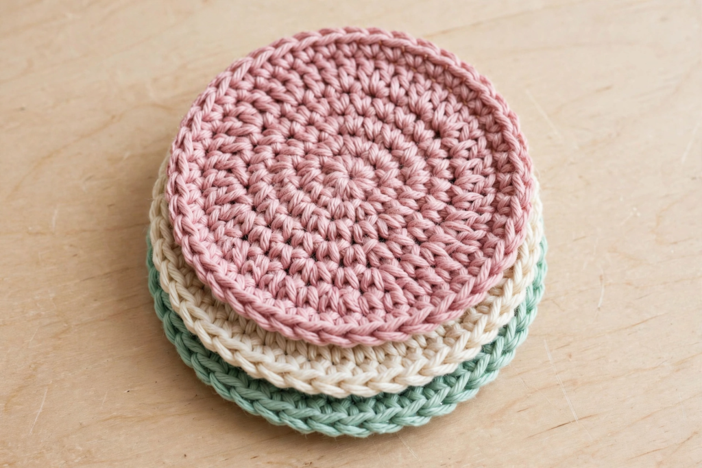 Stack of three round crochet coasters in dusty pink, cream, and sage green yarn on a light wood surface, representing analog crafts to do instead of scrolling.   