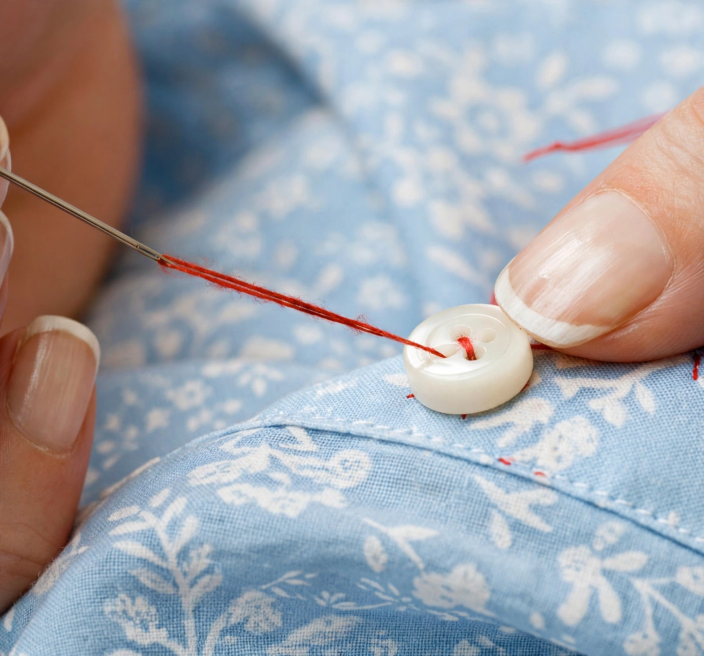 Close-up of hands sewing a white button onto blue floral fabric with needle and red thread, illustrating analog crafts to do instead of scrolling.   