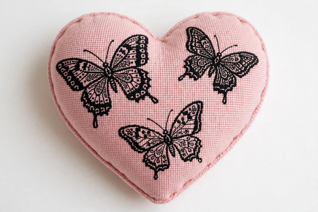 Hand-stitched pink heart pincushion decorated with three detailed black embroidered butterflies, showcasing analog crafts to do instead of scrolling.   