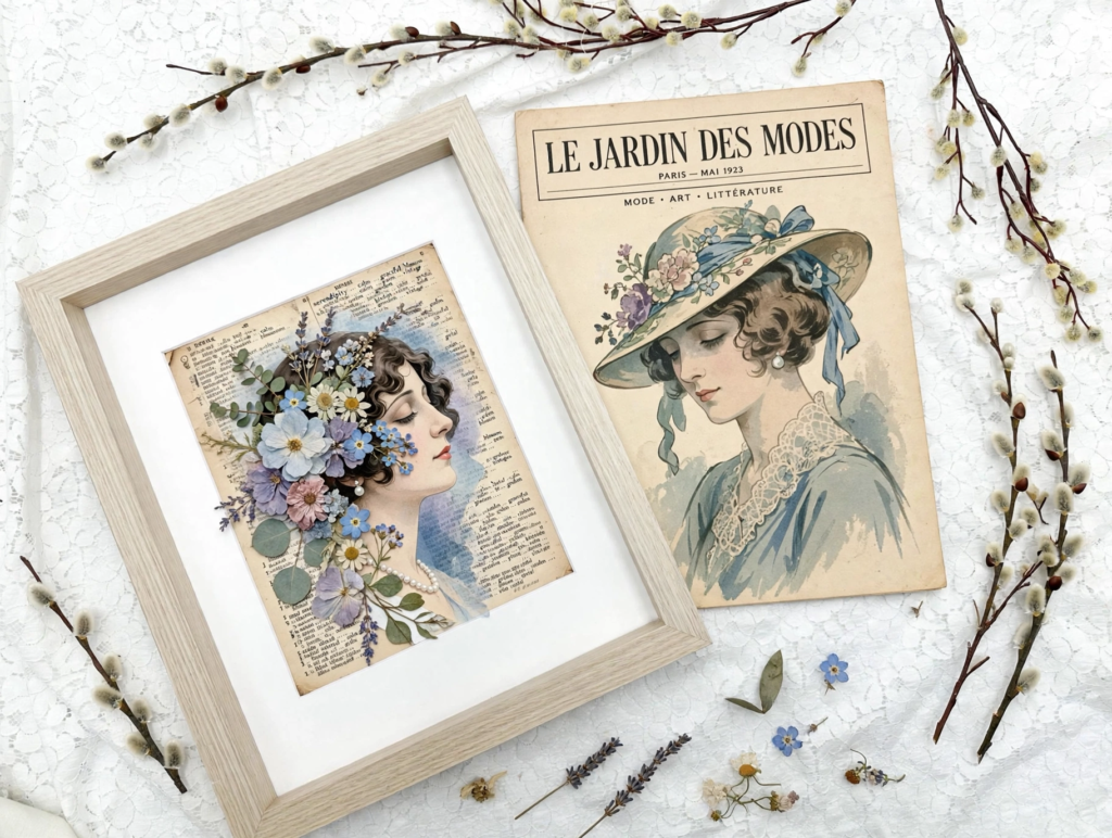 Framed vintage book page portrait collaged with pressed dried flowers next to a vintage French magazine cover, showcasing analog crafts to do instead of scrolling.   