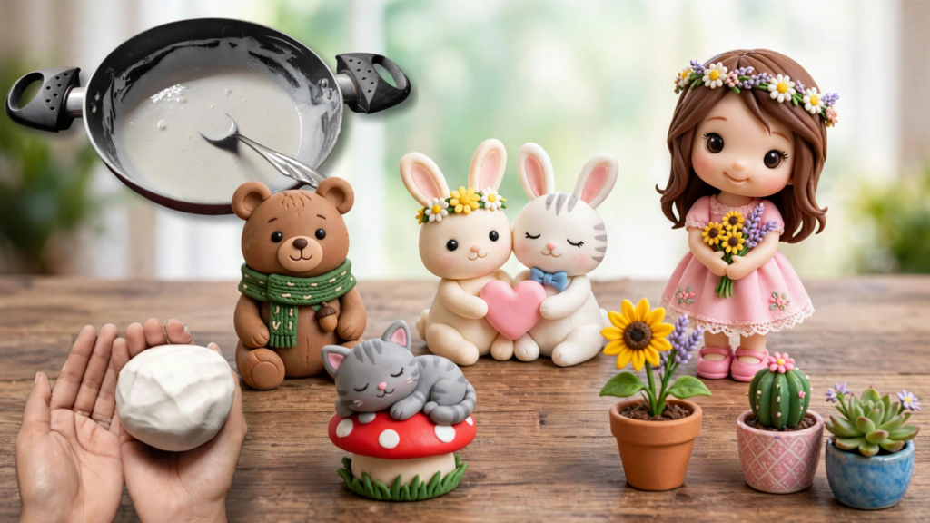Hand holding raw clay dough next to sculpted miniature figurines of animals, a girl, and tiny potted plants, illustrating analog crafts to do instead of scrolling.   