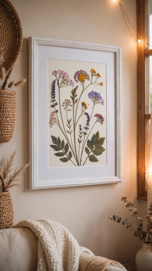Framed pressed wildflower botanical art hanging in a cozy living room, showcasing analog crafts to do instead of scrolling.   
