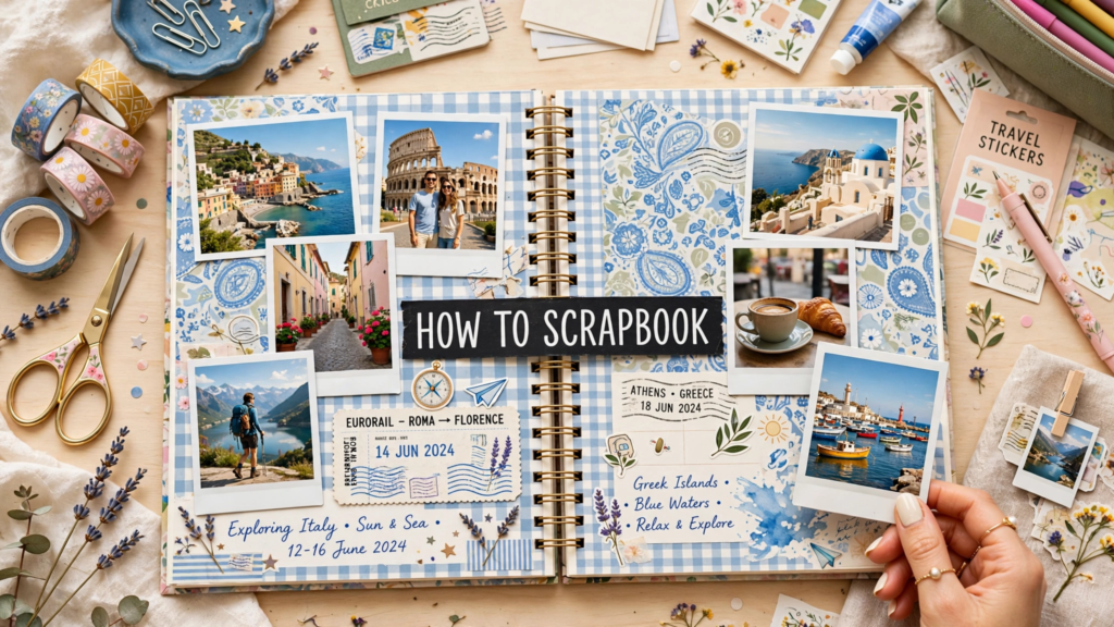 An open travel scrapbook journal titled "How to Scrapbook" surrounded by washi tape, scissors, and stickers, showcasing analog crafts to do instead of scrolling.   