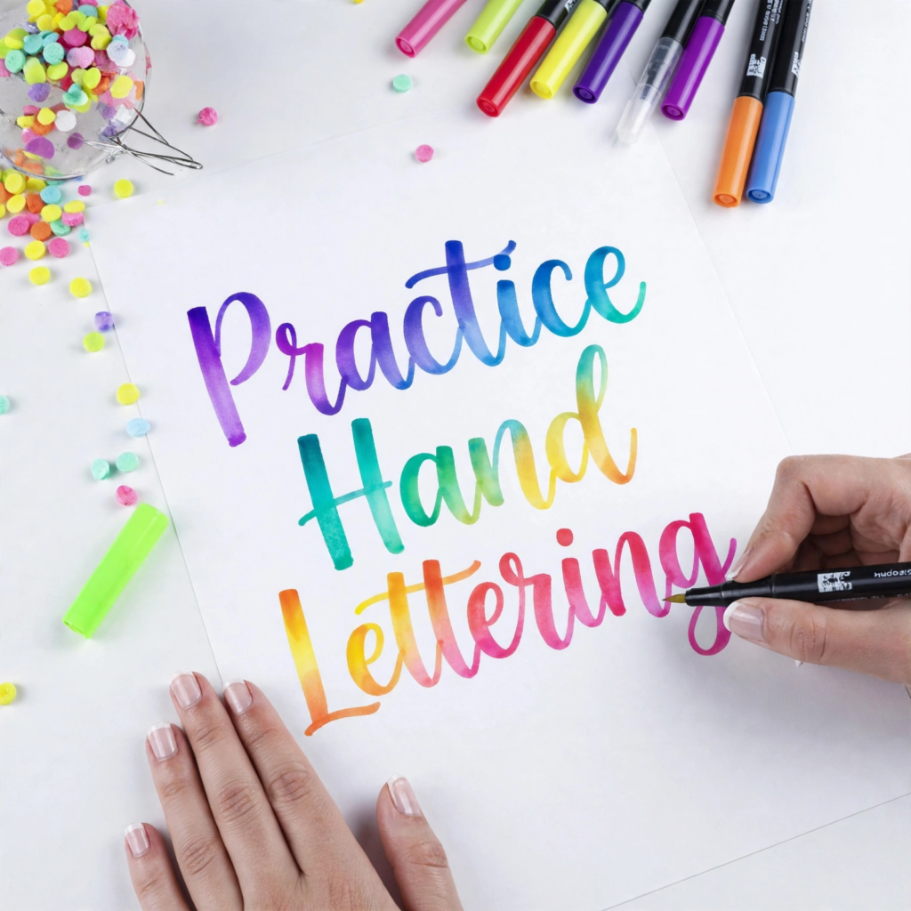 Hand writing the words "Practice Hand Lettering" in colorful rainbow gradient ink using a brush pen, showcasing analog crafts to do instead of scrolling.   