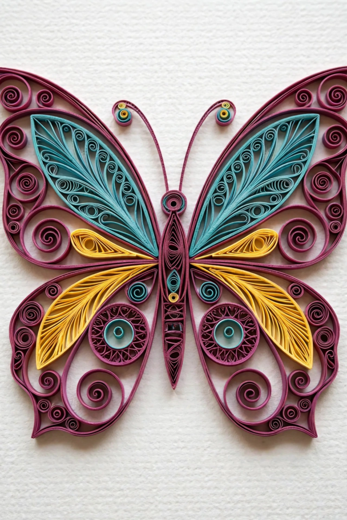 Symmetrical paper quilling butterfly art in magenta, teal, and yellow rolled paper strips, showcasing analog crafts to do instead of scrolling.   