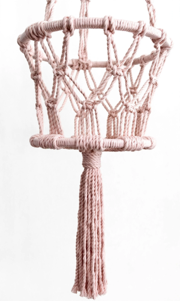 Handmade dusty pink macrame plant hanger basket with a long tassel against a white background, showcasing analog crafts to do instead of scrolling.   