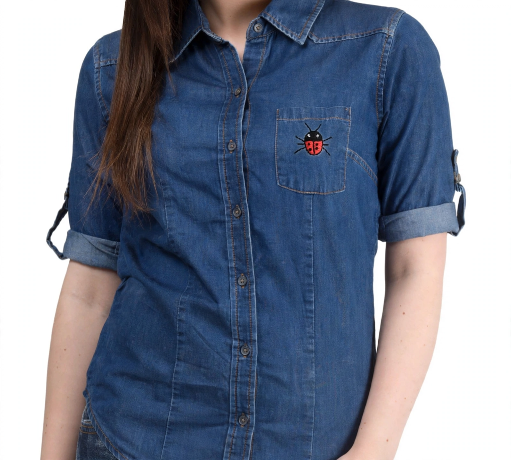 Blue denim button-down shirt featuring a hand-embroidered red ladybug on the pocket, highlighting analog crafts to do instead of scrolling.   