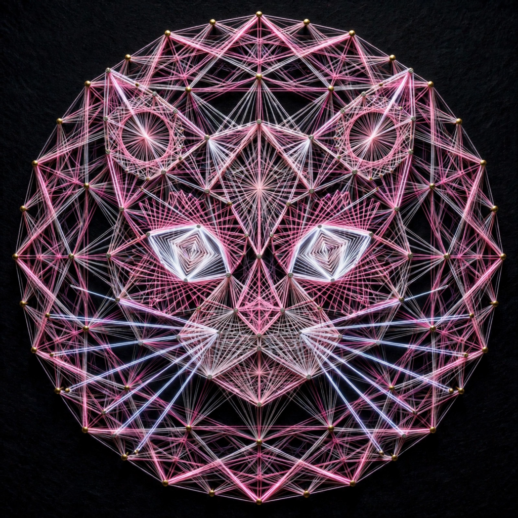 Geometric cat portrait made with pink and white string art woven around pins on a black circular background, showcasing analog crafts to do instead of scrolling.   