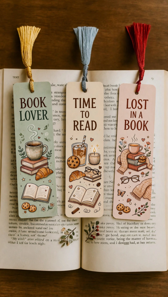 Three illustrated bookmarks with yarn tassels reading "Book Lover," "Time to Read," and "Lost in a Book" placed on an open book, showcasing analog crafts to do instead of scrolling.   
