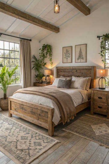 A rustic, nature-inspired bedroom with exposed wooden ceiling beams, wooden furniture, and potted greenery, showcasing charming bedroom makeover ideas on a budget.