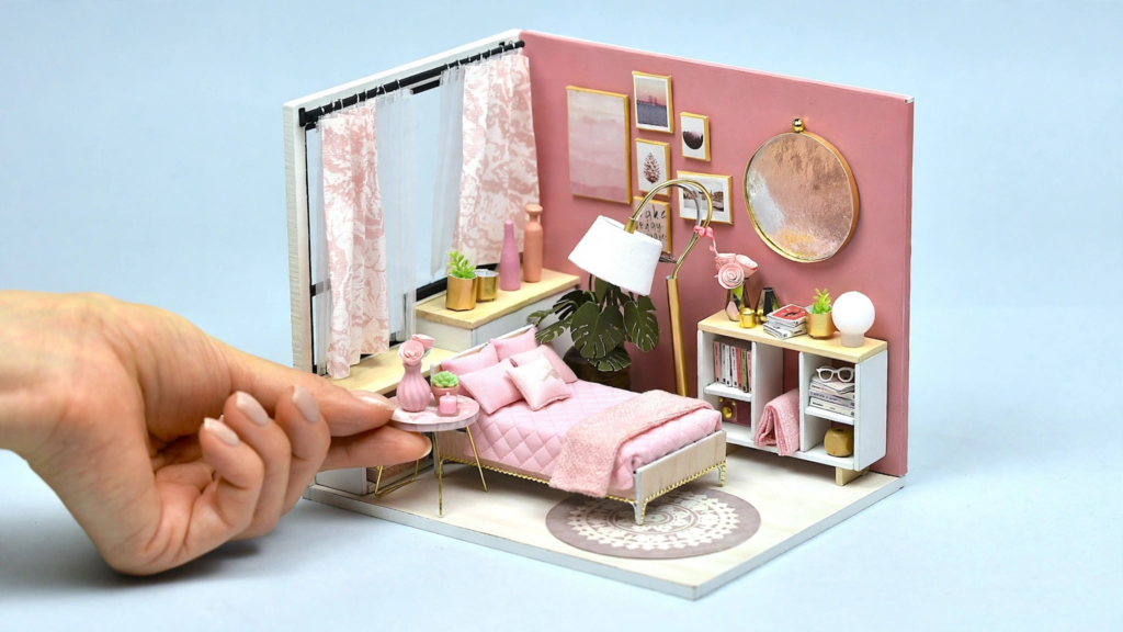 Hand placing a tiny bedside table inside a handcrafted pink miniature dollhouse bedroom, showcasing analog crafts to do instead of scrolling.   